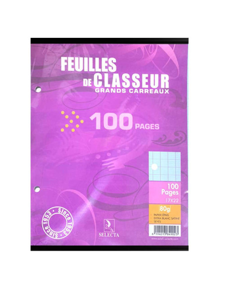 100 Feuilles Recharge Classeur Bleu, 17x22 80gr - Selecta