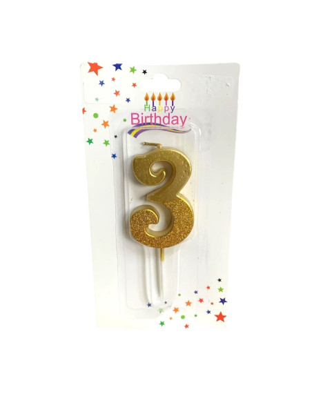 Bougie  Doré avec Paillettes , Bougie Chiffre 3