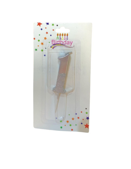 Bougie  Argent avec Paillettes , Bougie Chiffre 1