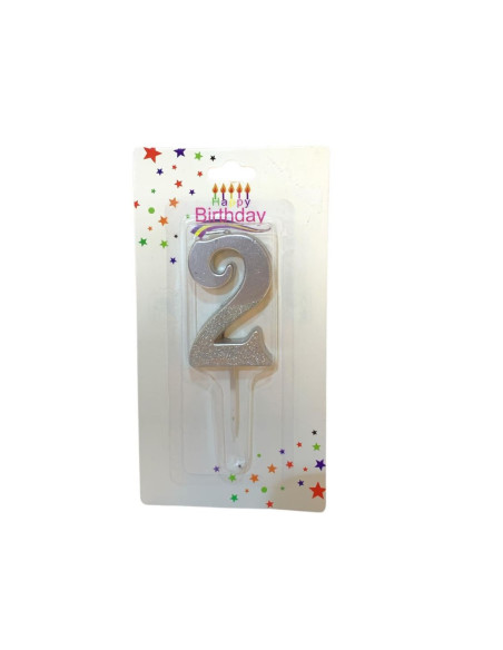 Bougie  Argent avec Paillettes , Bougie Chiffre 2