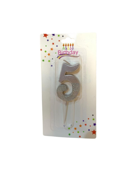 Bougie  Argent avec Paillettes , Bougie Chiffre 5