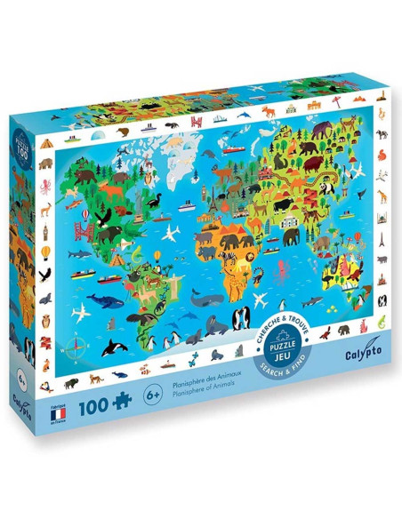 Puzzle 100 pcs, Cherche Et Trouve - Planisphère des Animaux - Calypto By Sentosphère