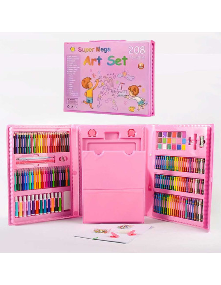 Mallette Artistique Rose avec Chevalet Intégré, 208 Pcs