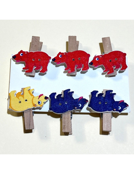 6 Pinces en Bois Motif Ourse