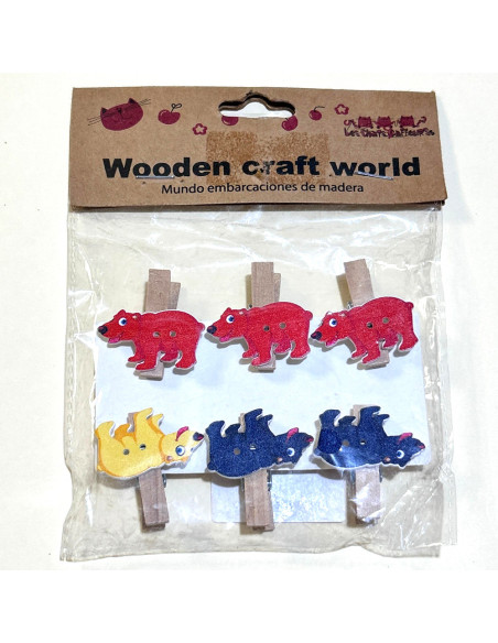 6 Pinces en Bois Motif Ourse