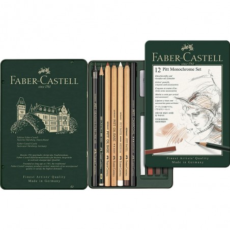 Set de Crayons Pitt Monochrome, Boite Métal 12pcs - Faber-Castell