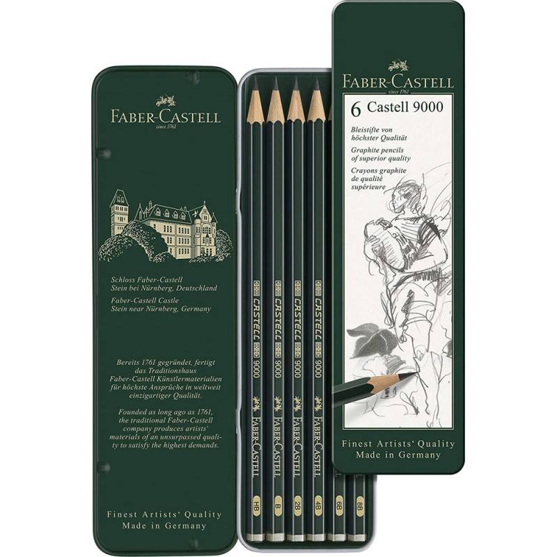 Crayons Graphite Castell 9000, Boite Métal 6pcs - Faber-Castell