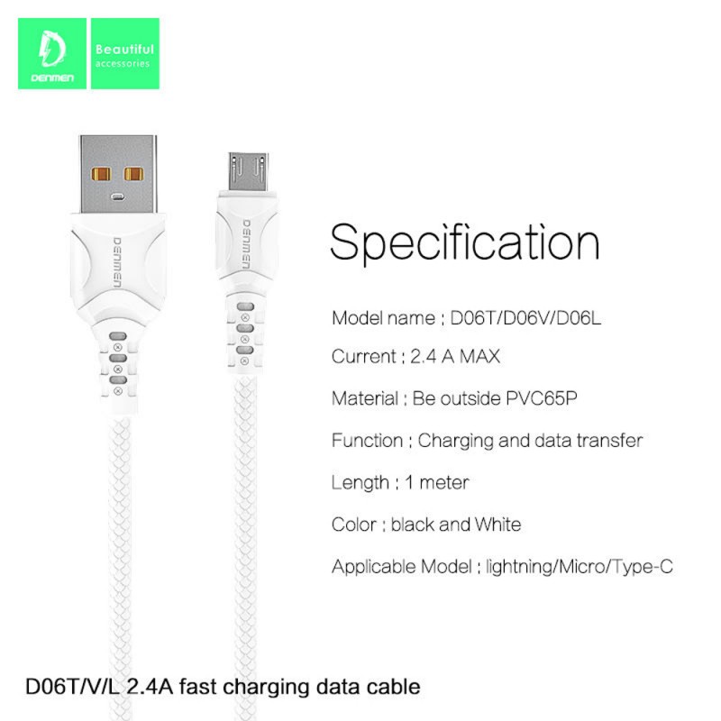 Cable Chargeur Android Denmen 2.4A - Réf.D06V