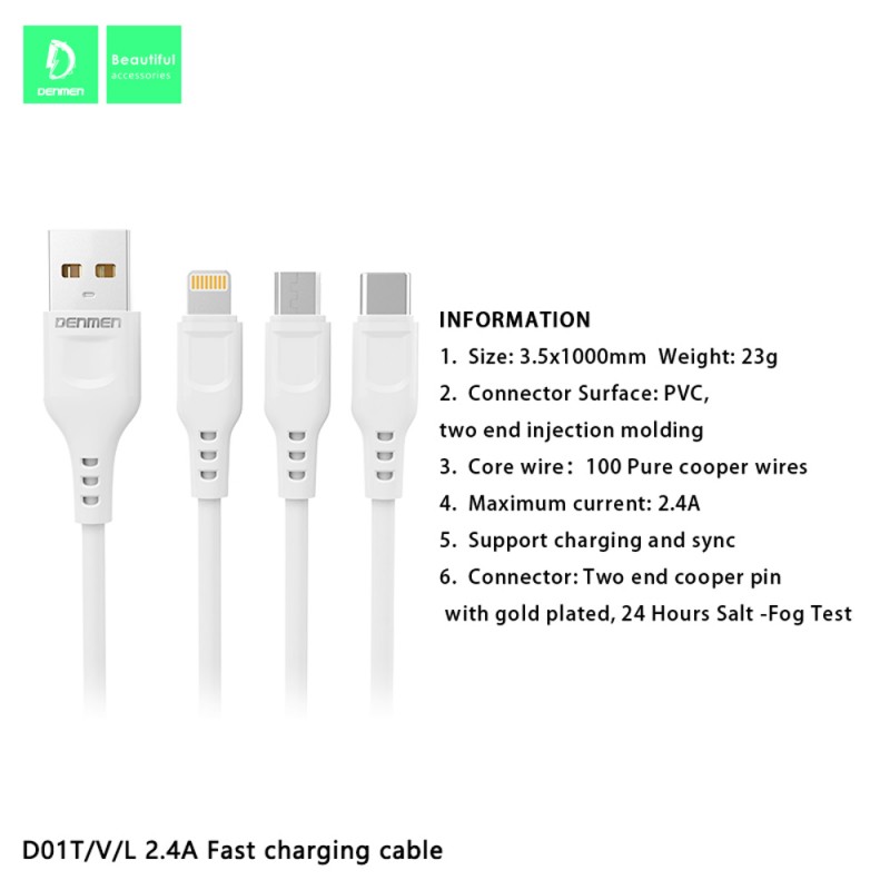 Cable Chargeur Android Denmen 2.4A - Réf.D01V
