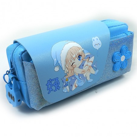 Trousse Scolaire XRS Glitter Flower Cadenas 2C Bleu - Réf.9982
