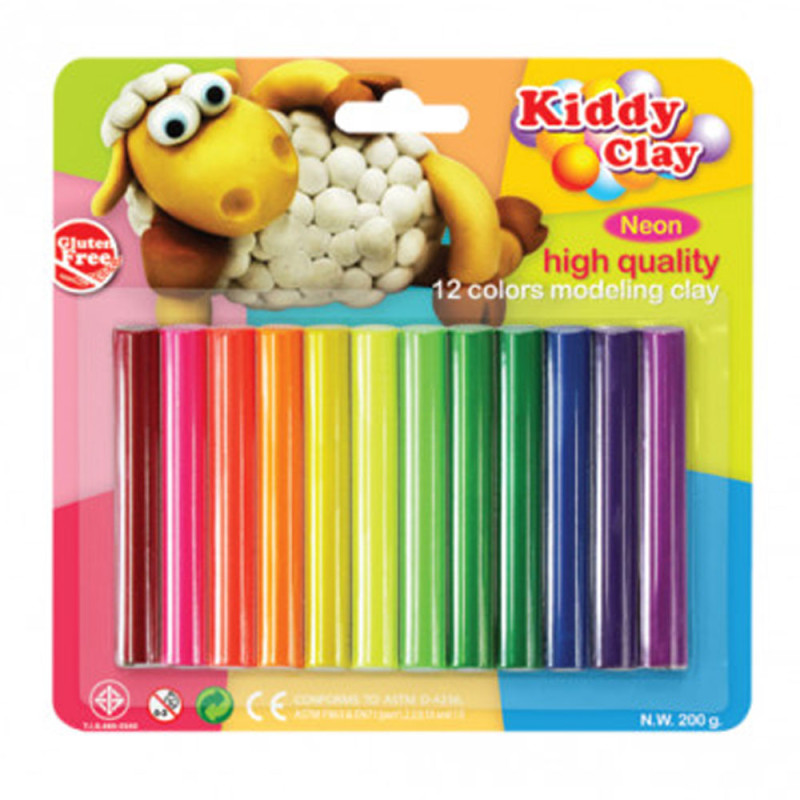 Set de 12 Pâtes à Modeler Néon 200 gr, Kiddy Clay - Réf.ST-200-12N