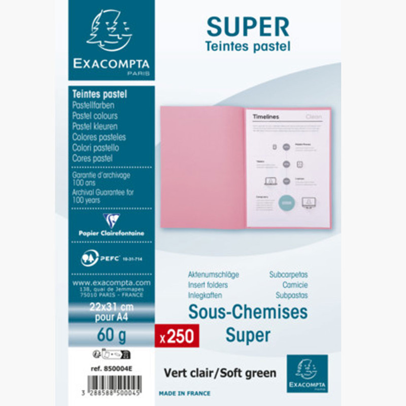 Paquet de 250 Sous-Chemises Super 60gr, Vert Pastel - Exacompta