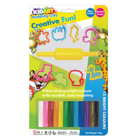 Set de 12 Pâtes à Modeler + 8 Moules et Rouleau, 50 gr - KidArt