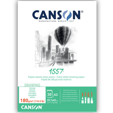 Bloc Dessin CANSON 1557 Grain Léger Extra Blanc A3 180g 30F